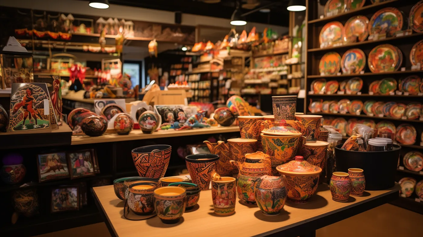 ชั้นวางของฝากเรียงเต็มร้านในแสงไฟอุ่น